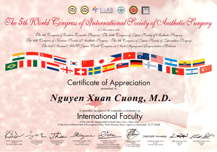 Chứng chỉ cám ơn BS Cương do hội giải phẫu thẩm mỹ Quốc tế trao tặng tại Tokyo, Nhật Bản - 11/2008